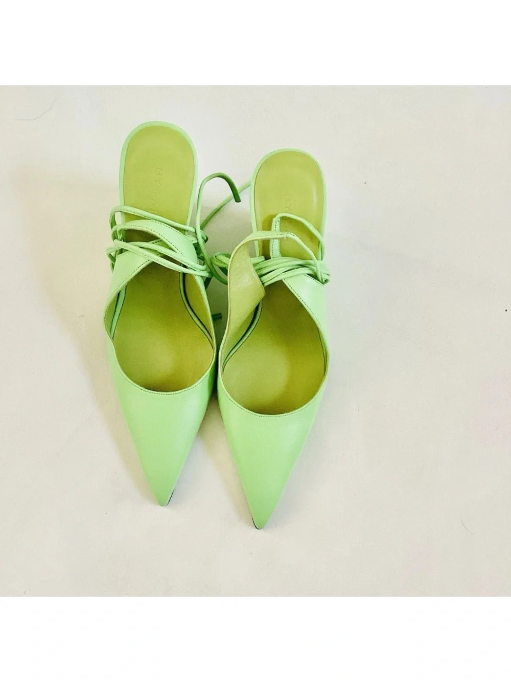 BY FAR Lime Green Leather Pointed Toe Wedge Slingback Heels SZ 6